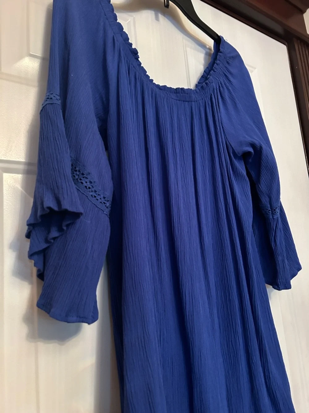 Flying Tomato Crochet Hem Peasant Dress L Blue Lace Relaxed Loose Bell Sleeve
